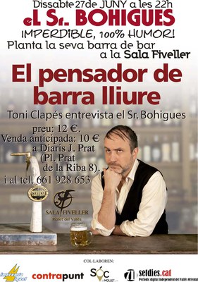 L'humorista Sr. Bohigues planta la seva barra de bar a la Sala Fiveller amb l'espectacle: "El pensador de barra lliure".