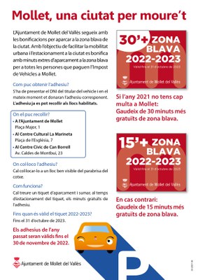 El dia 2 de novembre es podran recollir els adhesius per aparcar fins a 30 minuts de franc a la zona blava de Mollet.