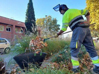 Un peó treballant en la recollida de fulles.