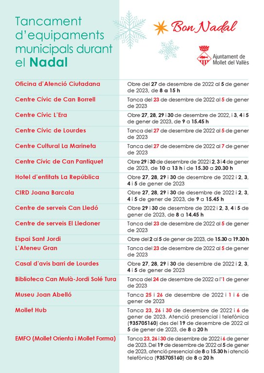 Horaris equipaments Nadal