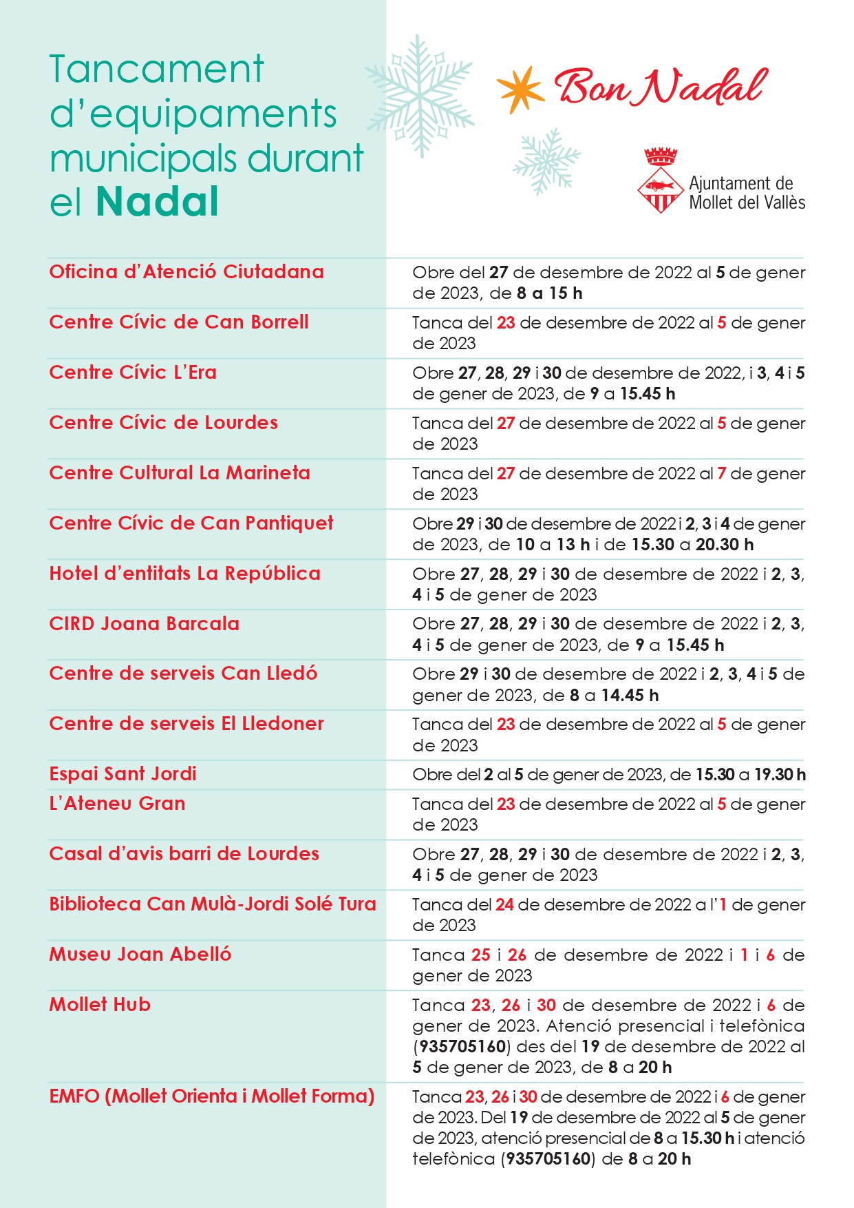 Horaris equipaments Nadal