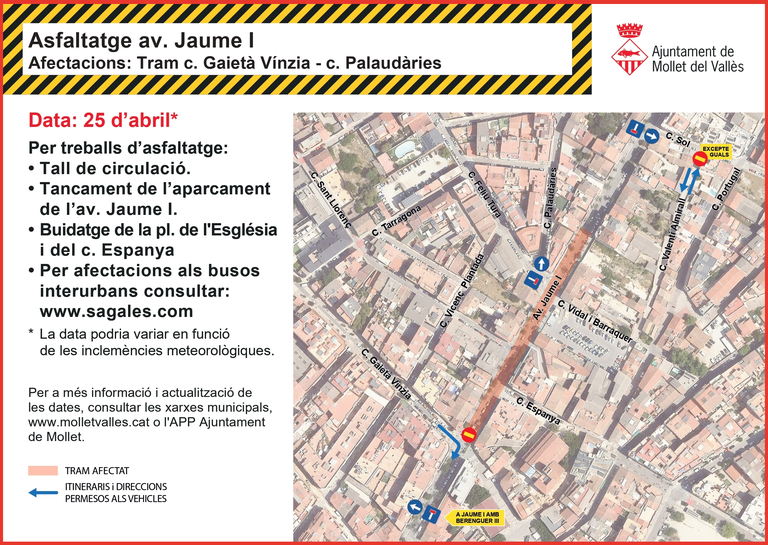 Afectacions al trànsit per asfaltatge a l'av. Jaume I (25 d’abril)