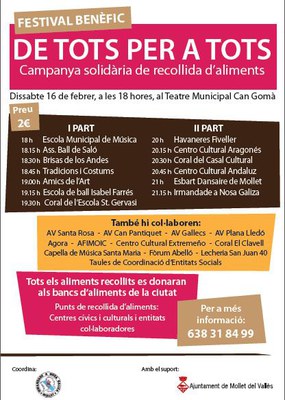 Festival solidari "De tots per a tots" en benefici del Banc d'Aliments.