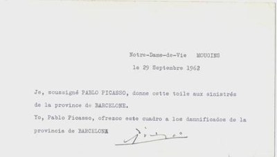 Descoberta una targeta signada per Picasso on cedia una obra pels damnificats per les riuades del 62.