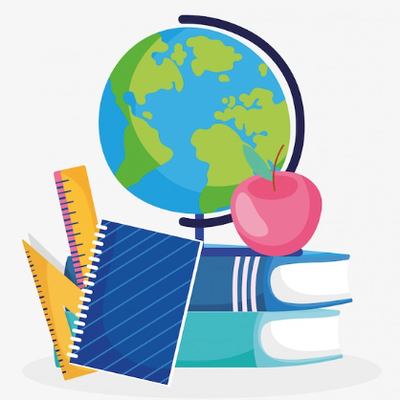 Imagen de libros y bola del mundo.