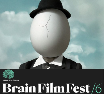 Cartel de la Edición del Brain Film Fest, es una imagen provocadora de una persona con cara de huevo y un sombrero negro..